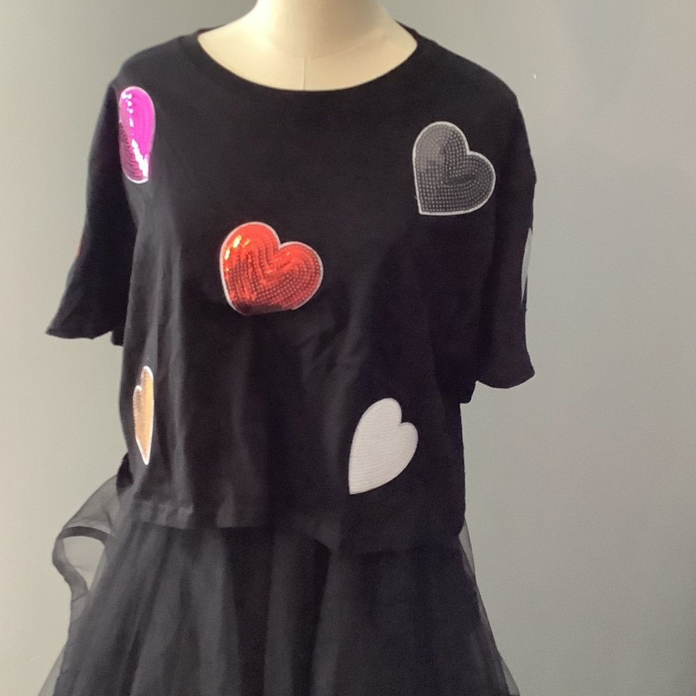 Black T-Shirt with Colorful Heart Patches